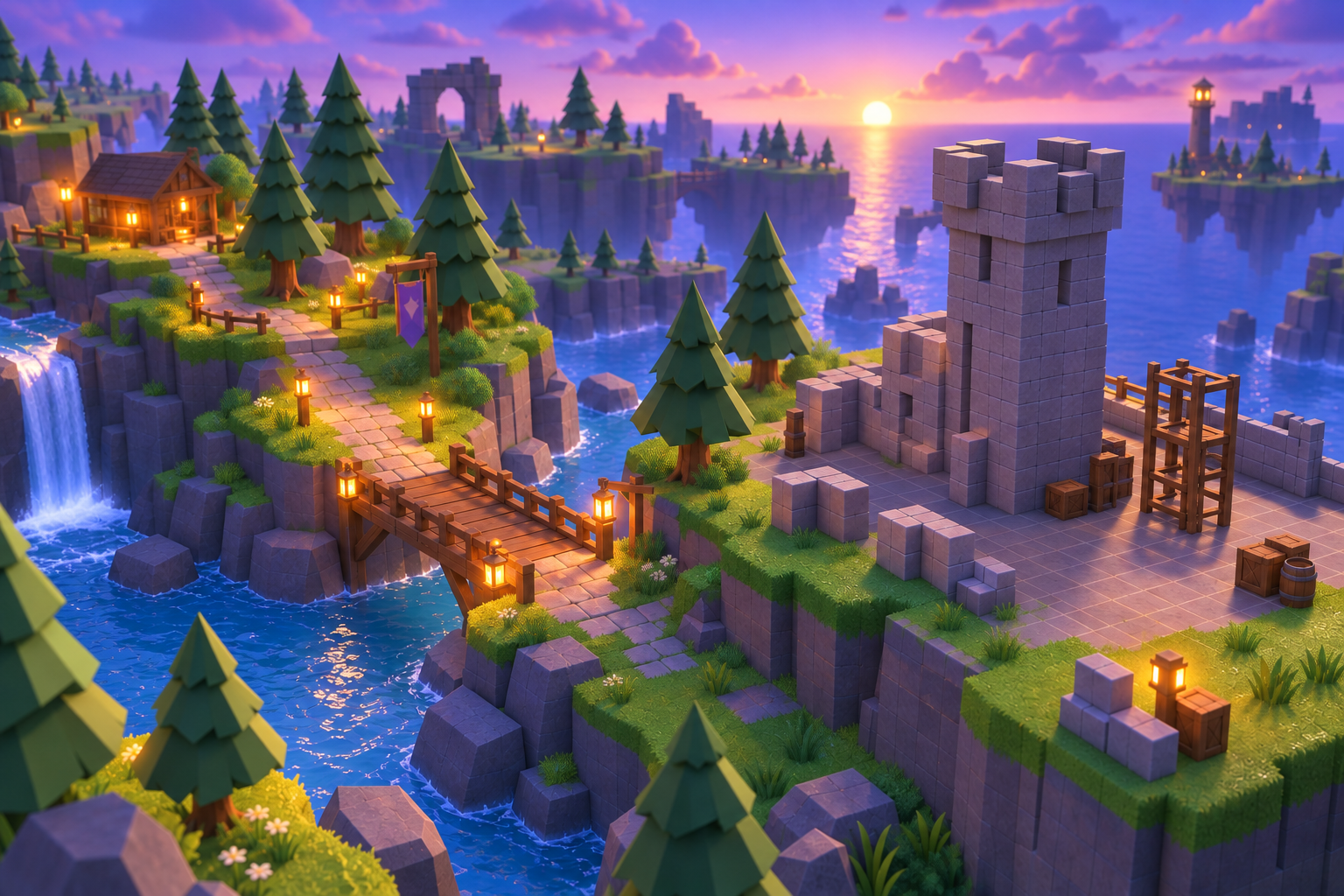 Décor de jeu avec des îles, un pont en bois et une tour en pierre en construction au coucher du soleil